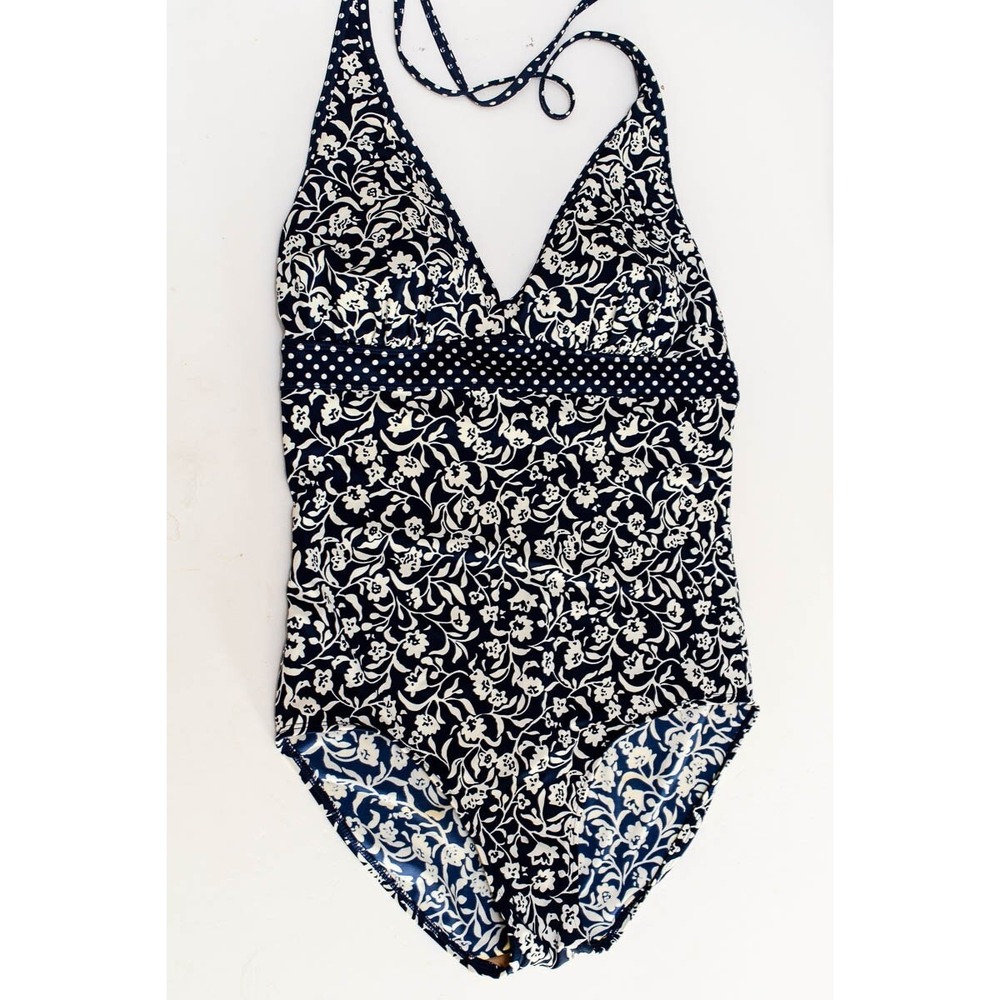 LL Bean Swimsuit Women navy Blue Floral Polka Dot One Piece Halter UV Protection